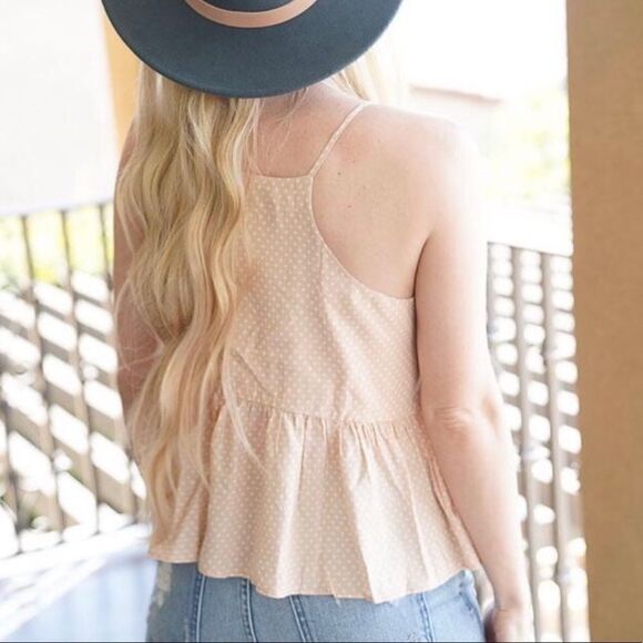 Champagne Top Women’s Size Medium Polka Dot Peplum Tank Adjustable Straps NEW - Picture 4 of 4